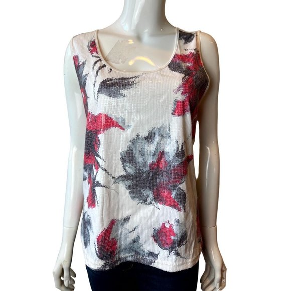 Dana Buchman Women Floral Sleeveless Tank Top Sequin Cream Red Size Large - Picture 1 of 7